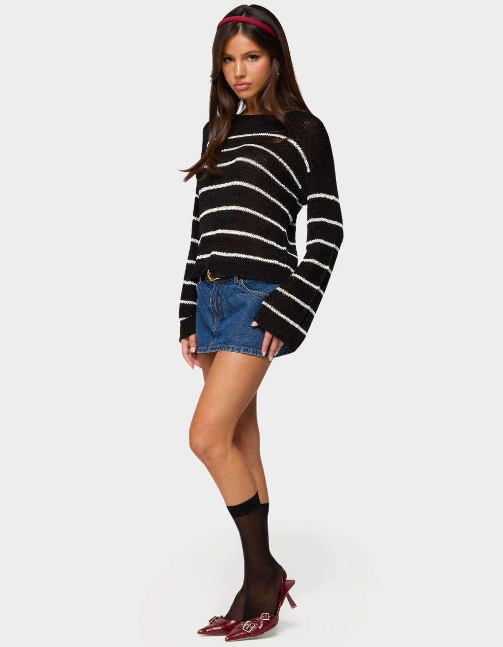 EDIKTED Striped Drop Shoulder Light Knit Sweater - BLACK