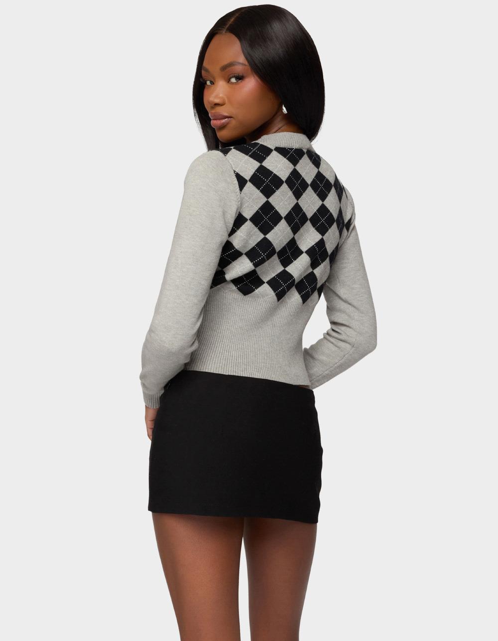 EDIKTED Noya Argyle Knit Cardigan - GRAY