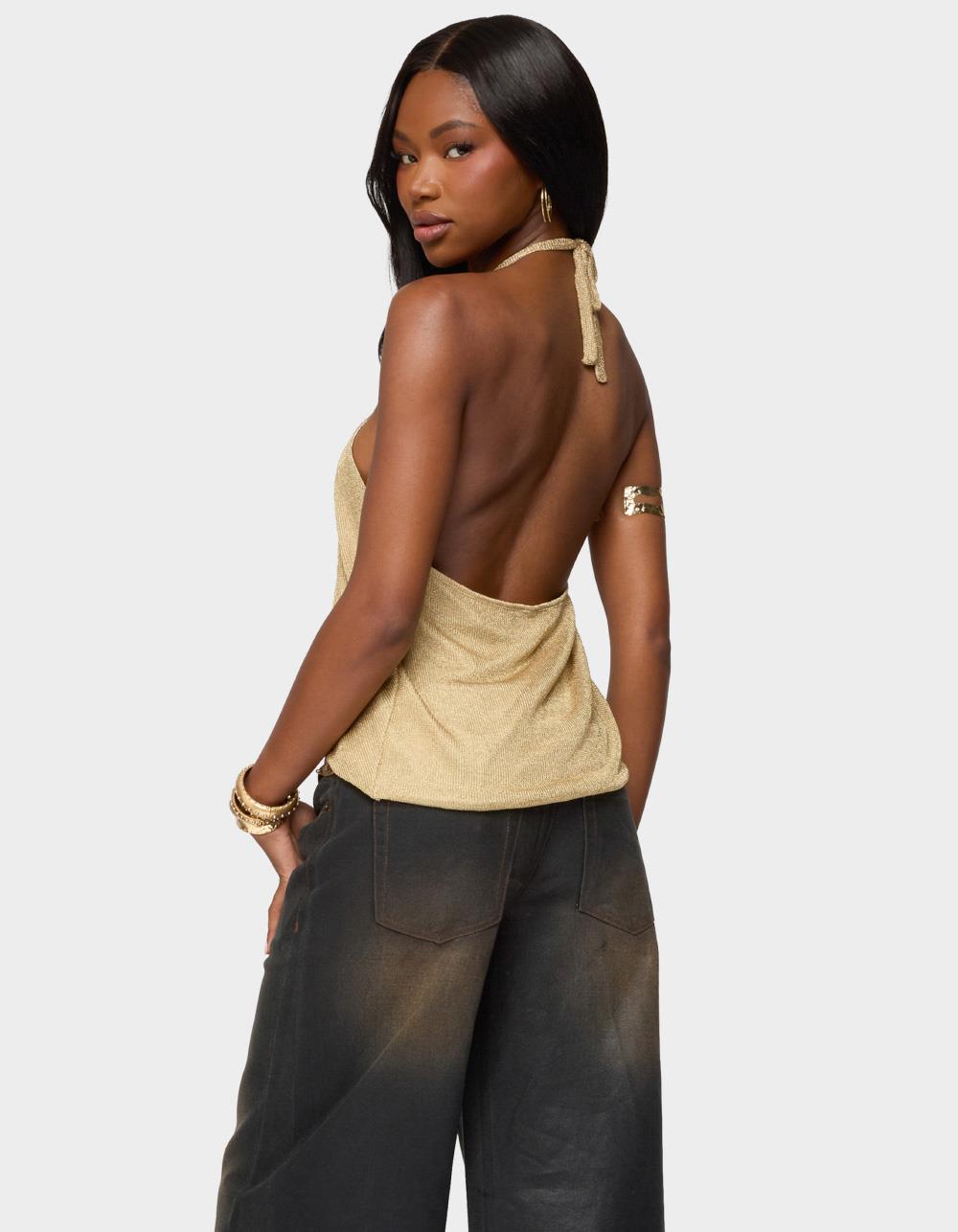 EDIKTED Stasia Sparkly Knit Split Front Top - GOLD