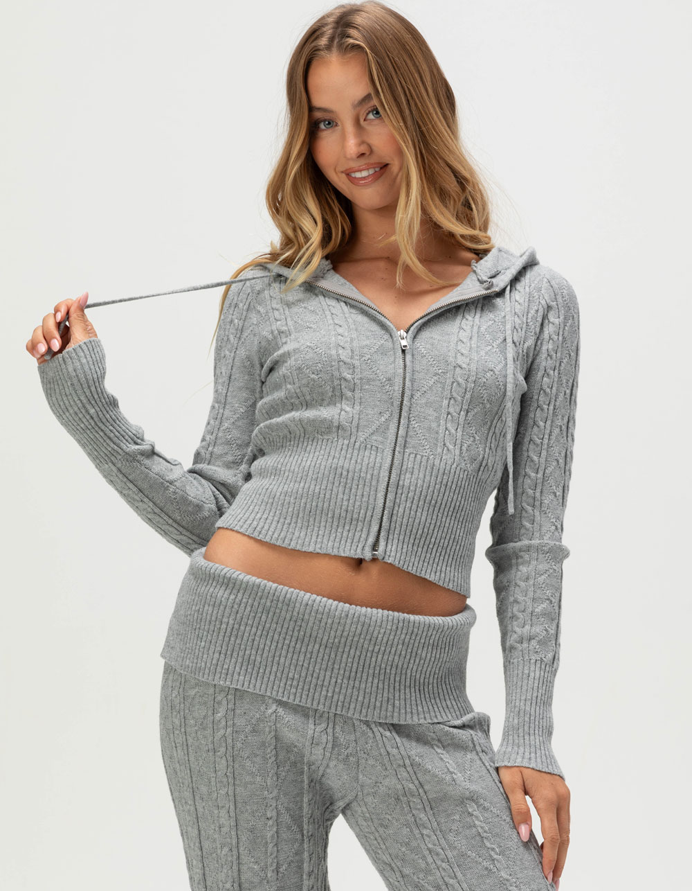 FULL TILT Cable Knit Womens Zip-Up Hoodie - HEATHER GRAY