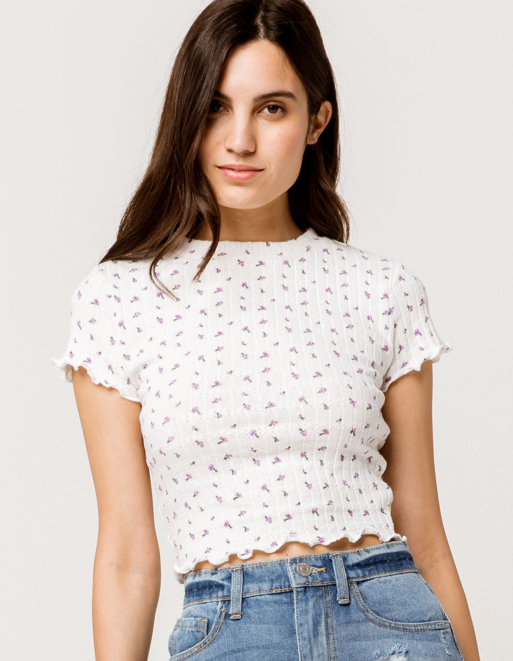 IVY & MAIN Floral Pointelle Womens Baby Tee - LAVENDER | Tillys