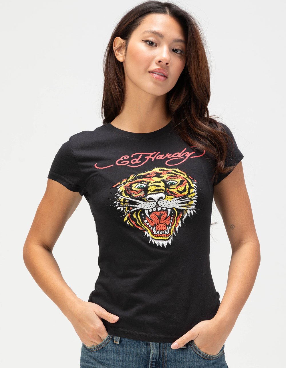 ED HARDY Rhinestone Tiger Head Womens Fitted Tee - BLACK