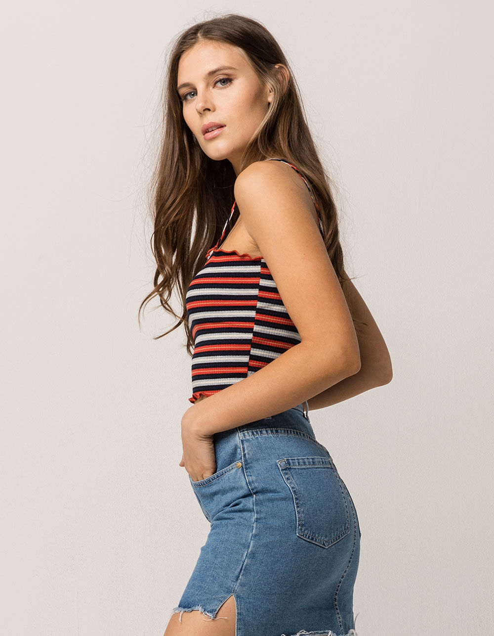 SKY AND SPARROW Ribbed Navy Stripe Womens Crop Cami image number 1