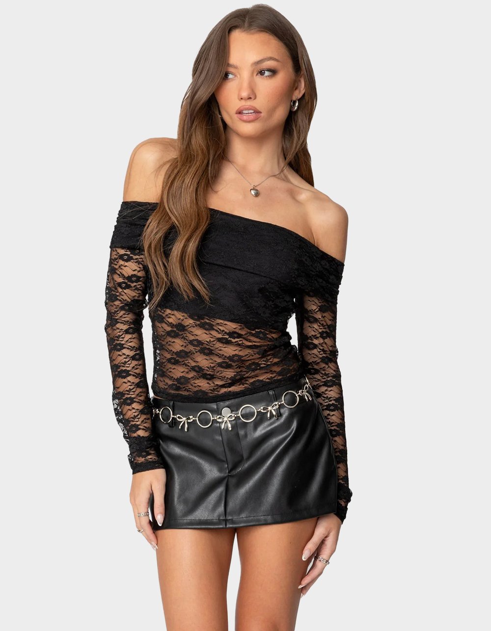 EDIKTED Elysia Fold Over Sheer Lace Top - BLACK