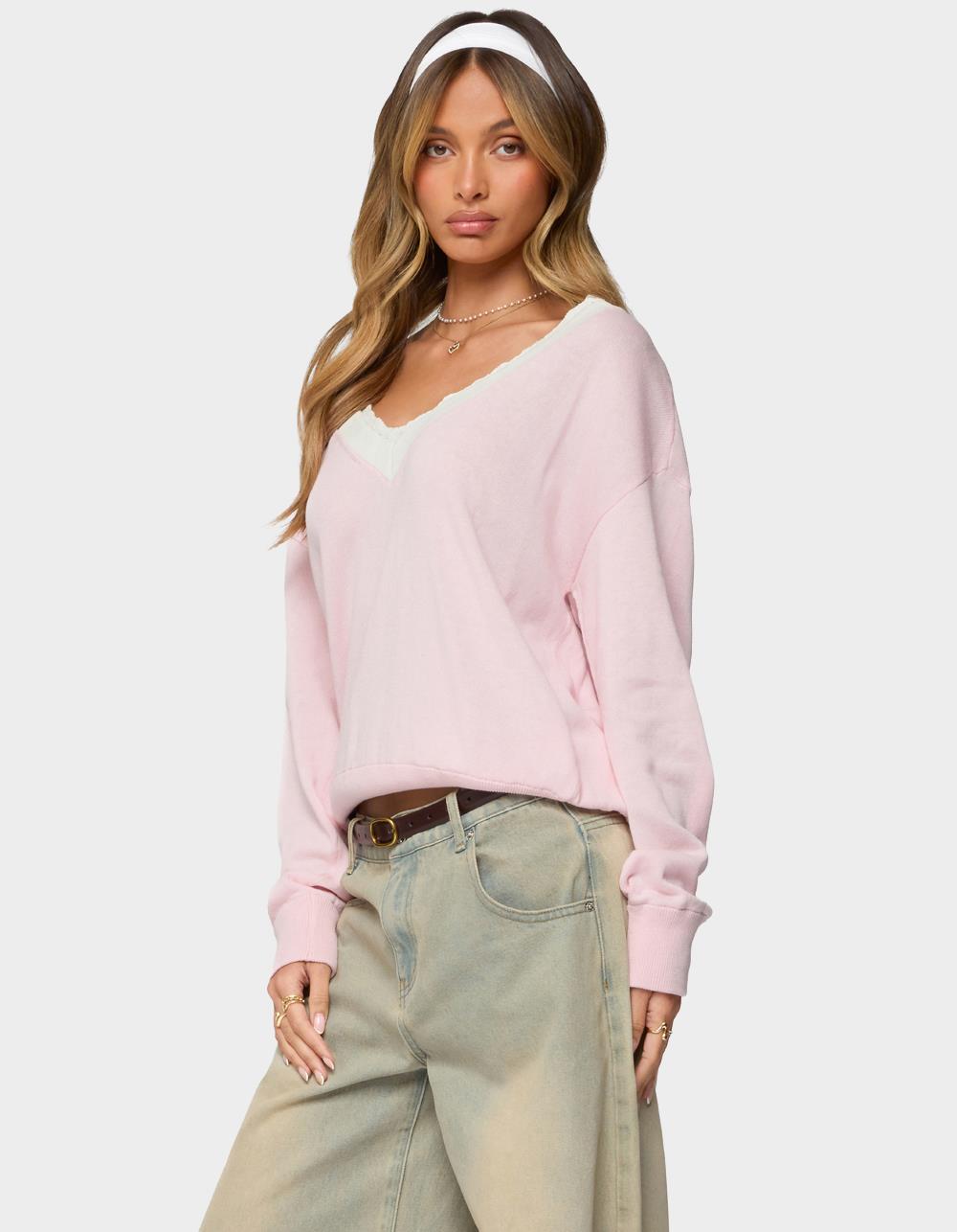 EDIKTED Marie Contrast Lacey V-Neck Sweater - LIGHT PINK
