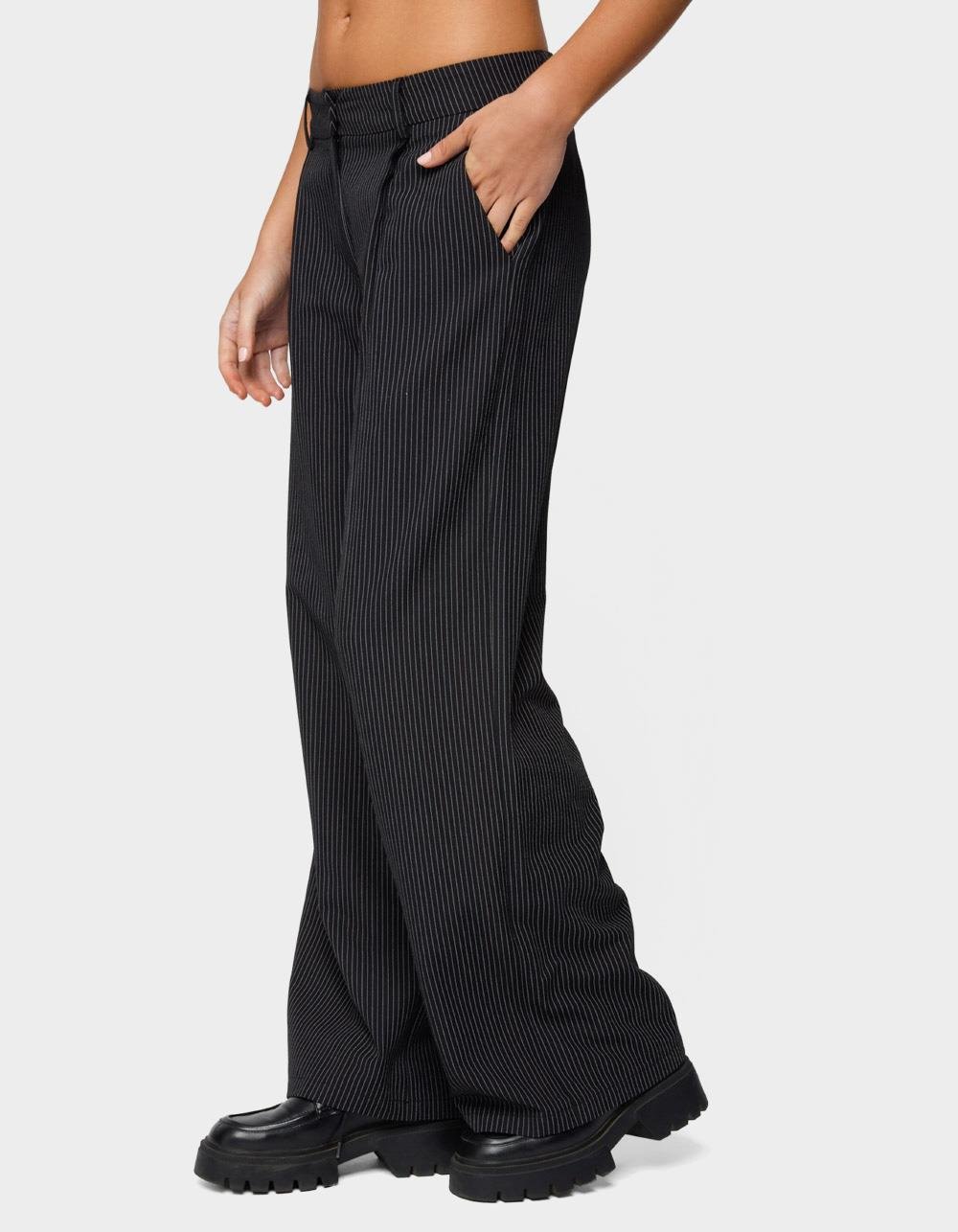 EDIKTED Pinstripe Tailored Straight Leg Pants - BLACK