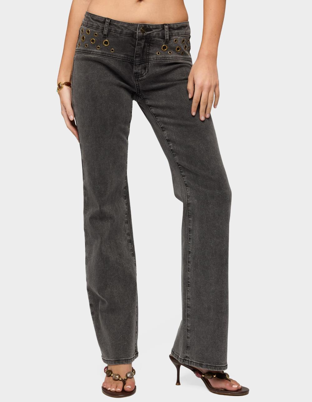 EDIKTED Grommet Mid Rise Straight Leg Jeans - BLACK