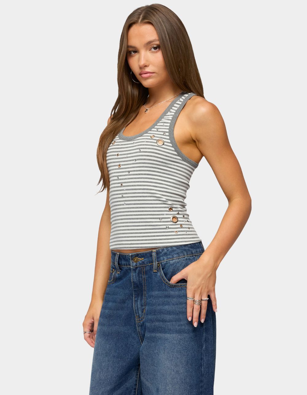 EDIKTED Sindy Grommet & Stud Striped Tank Top - GRAY