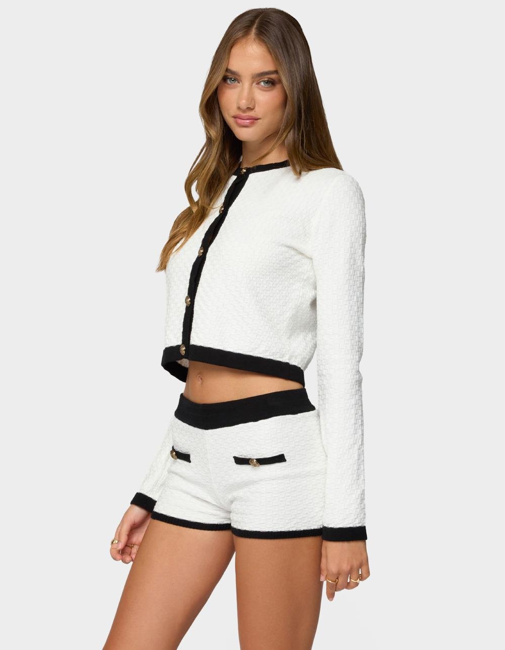 EDIKTED Mara Contrast Textured Knit Cardigan - WHITE