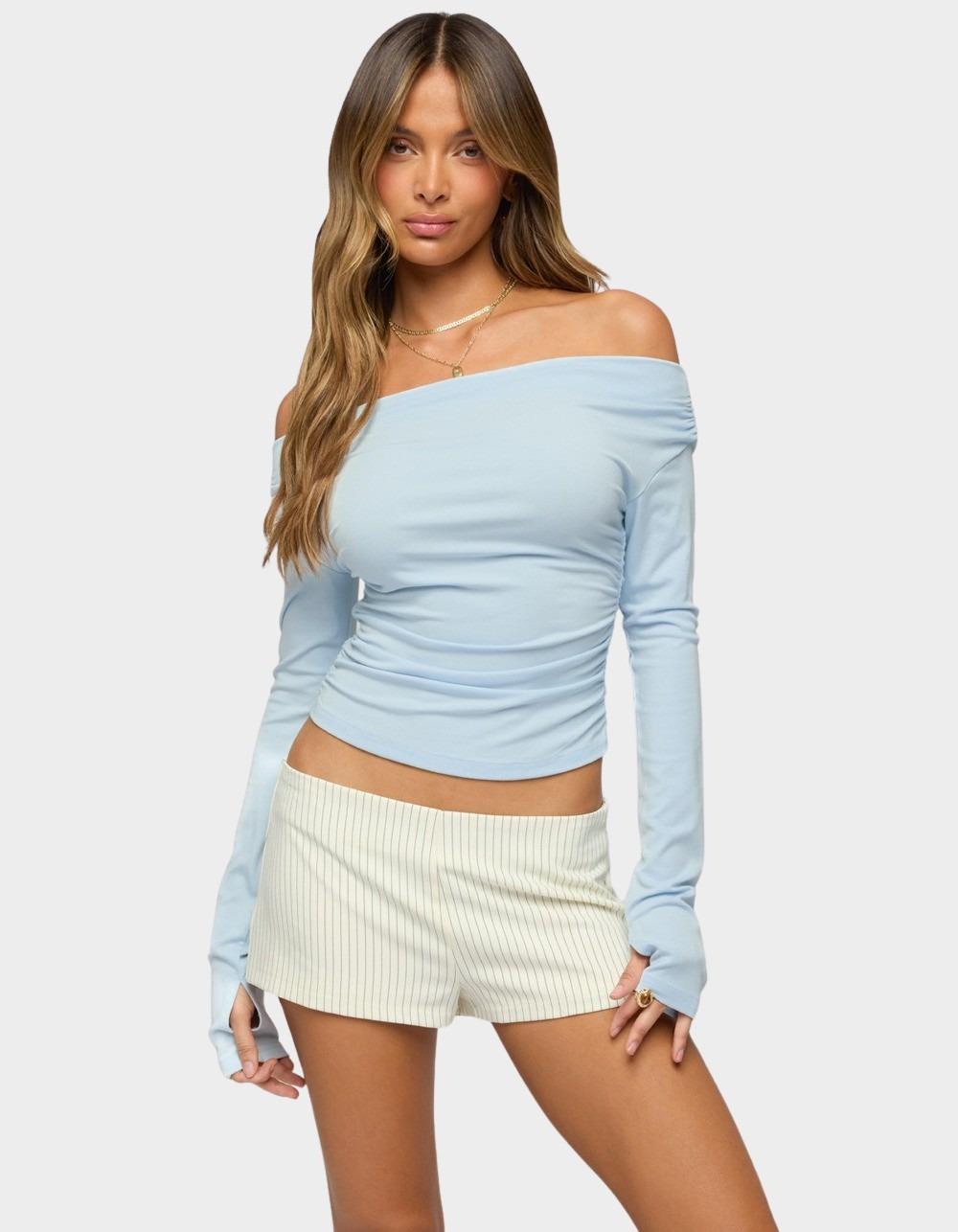 EDIKTED Milane Ruched Off Shoulder Ribbed Top - LIGHT BLUE