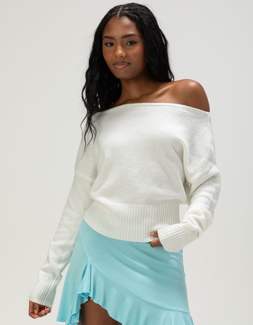 NO COMMENT Womens Off The Shoulder Banded Bottom Sweater