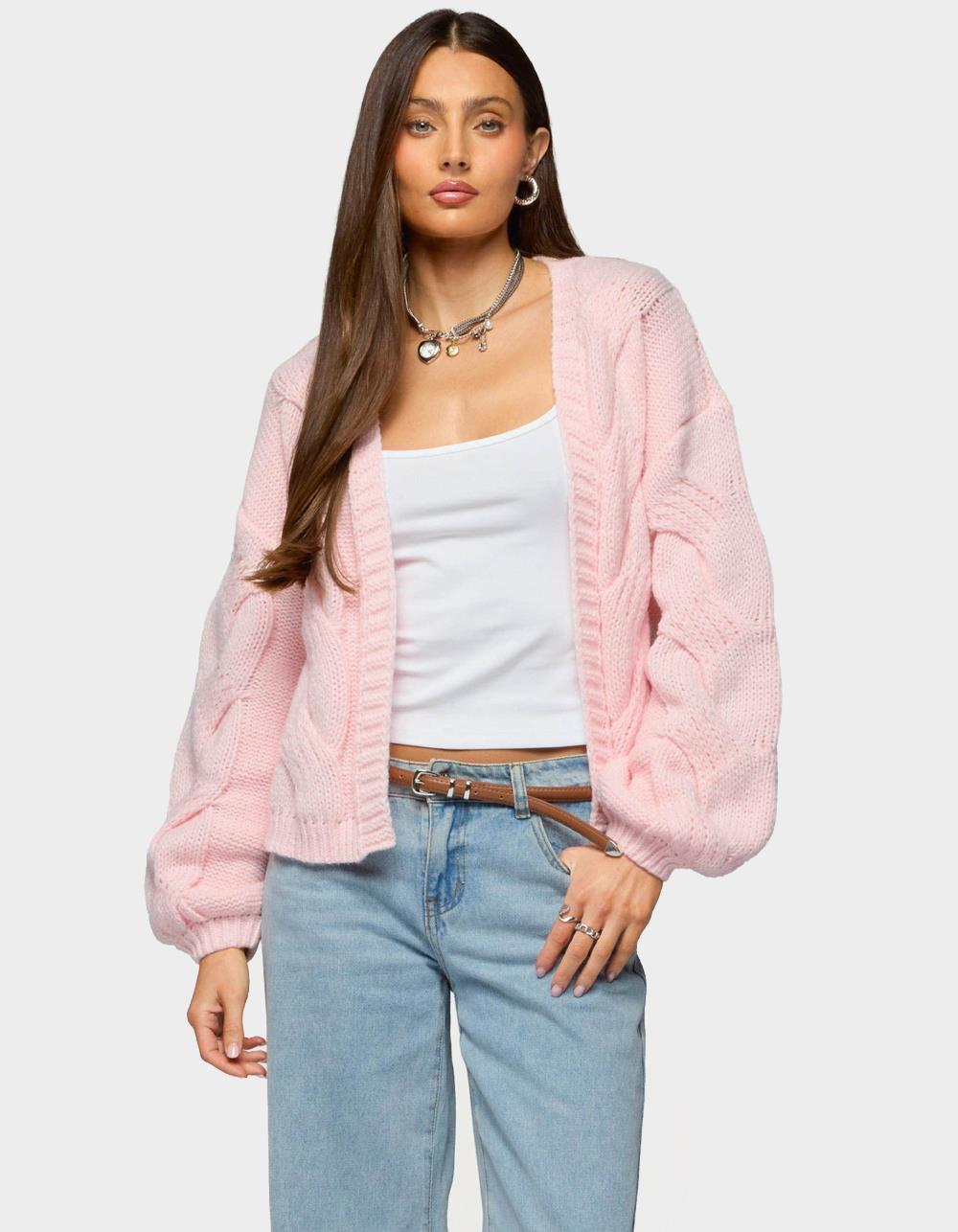 EDIKTED Braiden Chunky Cable Knit Cardigan - PINK