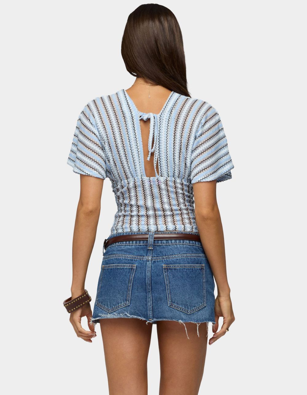 EDIKTED Alwyn Flutter Crochet Zigzag Top - LIGHT BLUE
