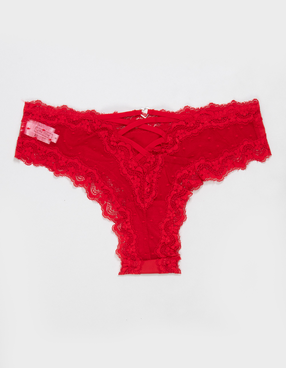 FULL TILT Polka Dot Mesh Back Lace Trim Thong - RED