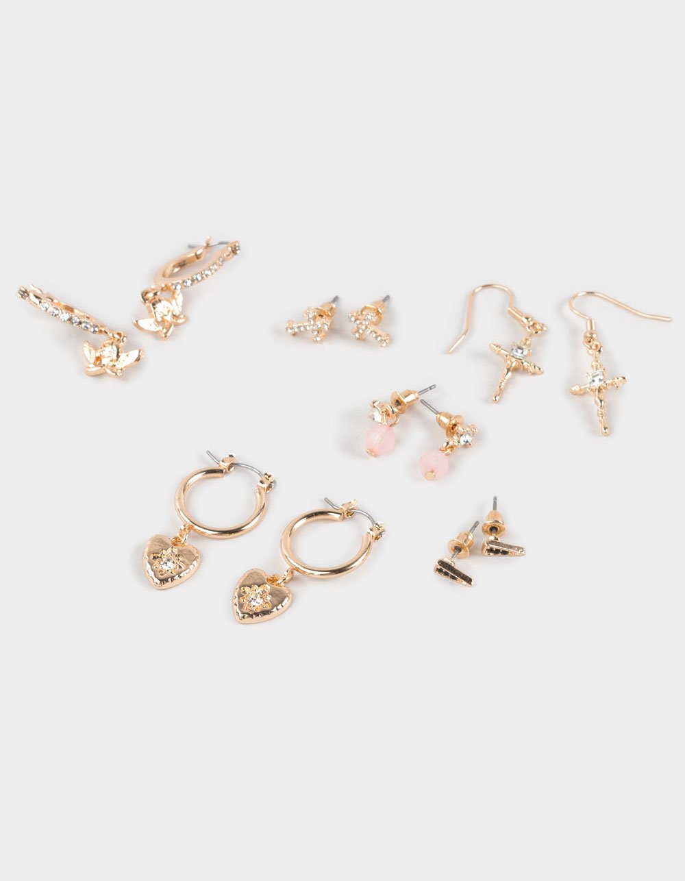 FULL TILT 6 Pack Cross/Heart/Angel Charm Hoop Earrings - GOLD