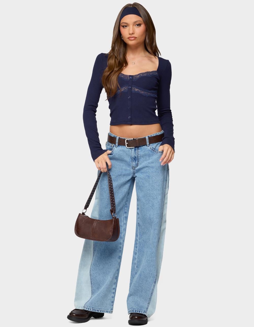 EDIKTED Kathi Lacey Long Sleeve Top - NAVY