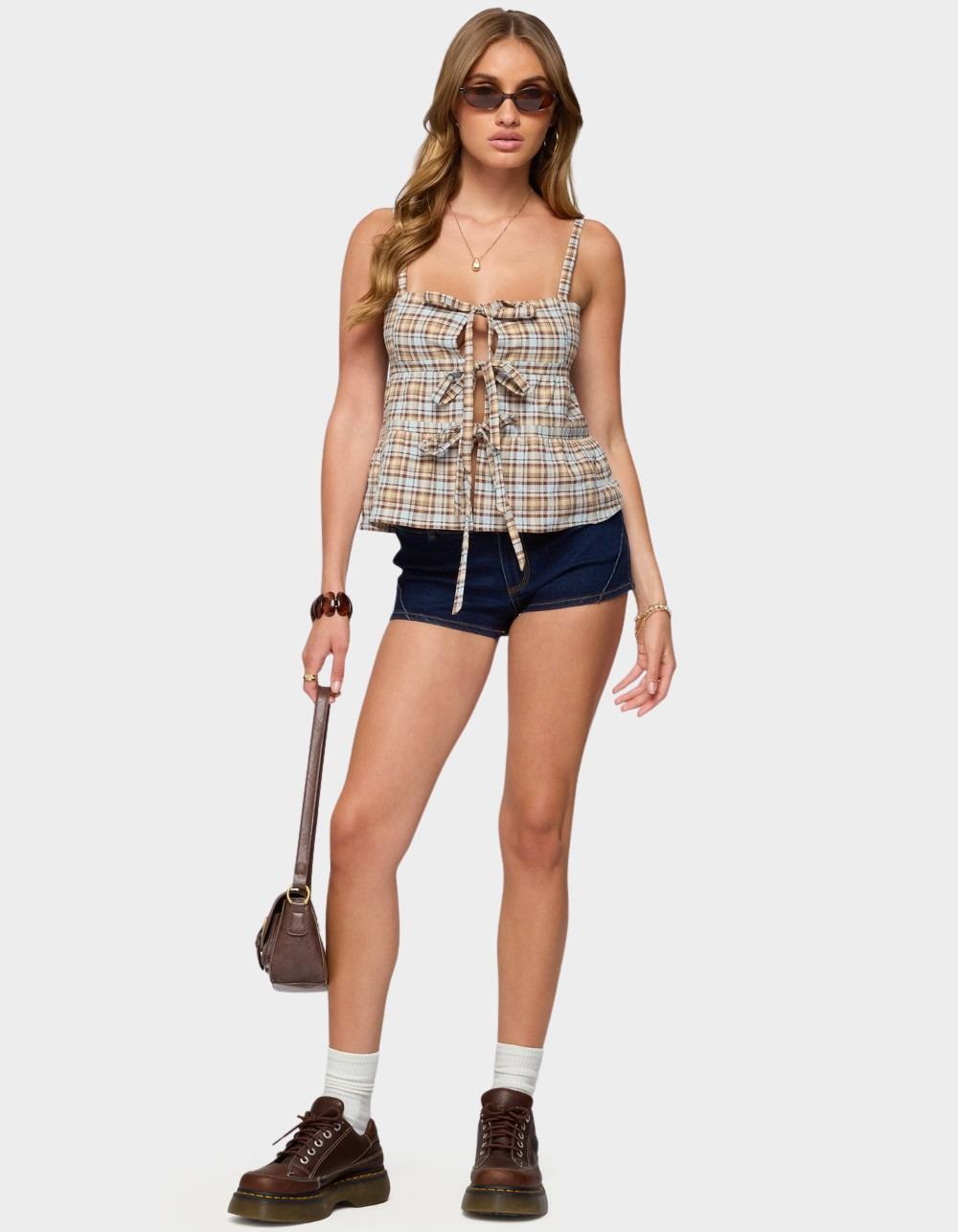 EDIKTED Mirena Tie Front Plaid Top - BLACK