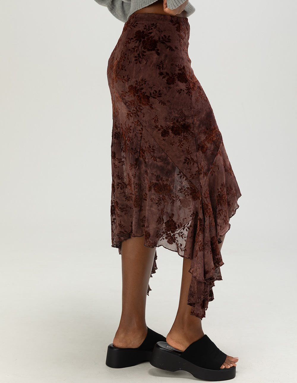 NECTAR CLOTHING Womens Flocked Midi Skirt - BURGUNDY