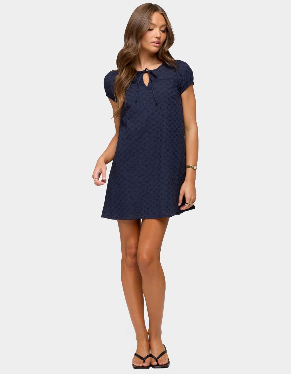 EDIKTED Mariella Lacey Eyelet Mini Dress - NAVY