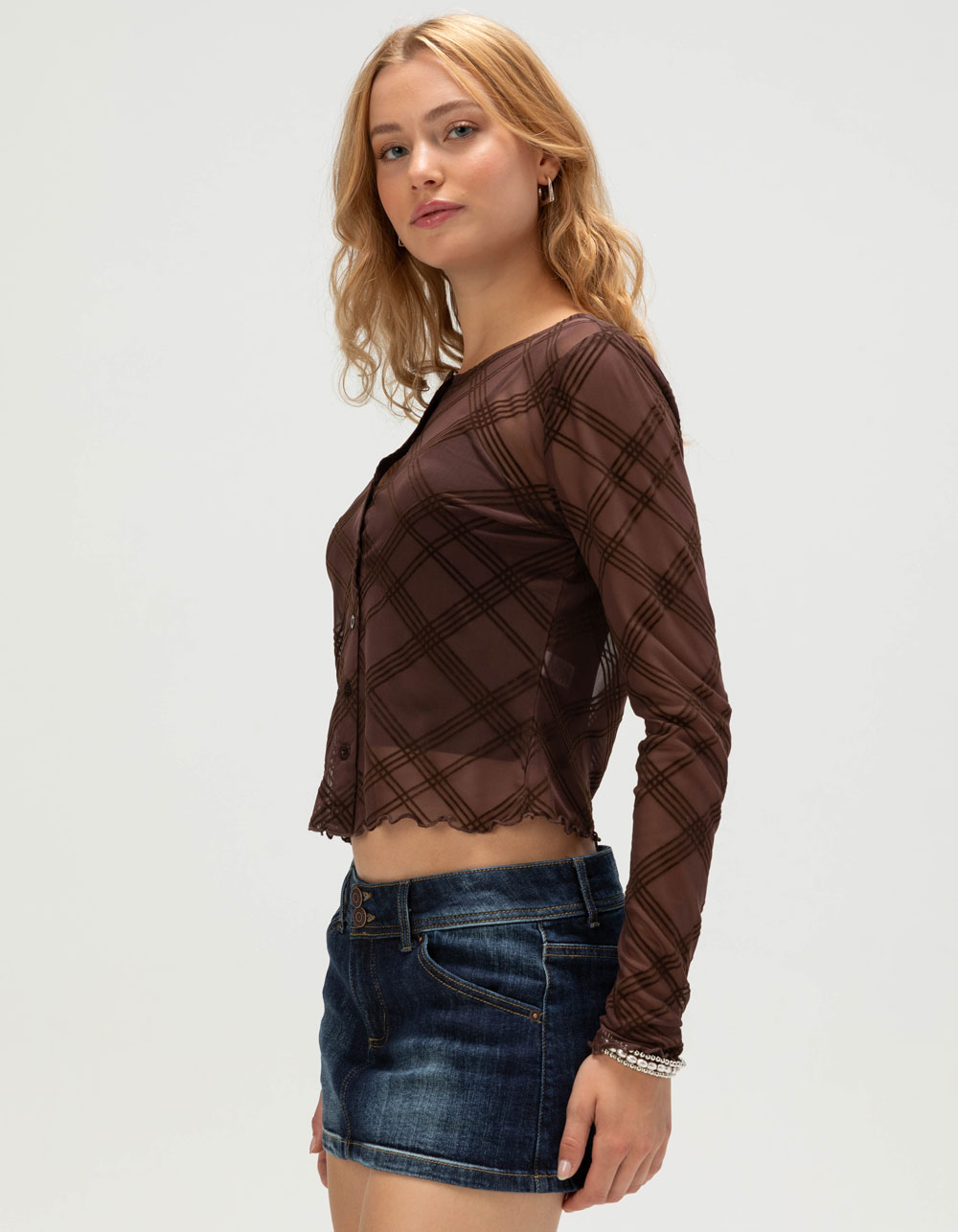 RSQ Womens Plaid Mesh Button Front Long Sleeve Top