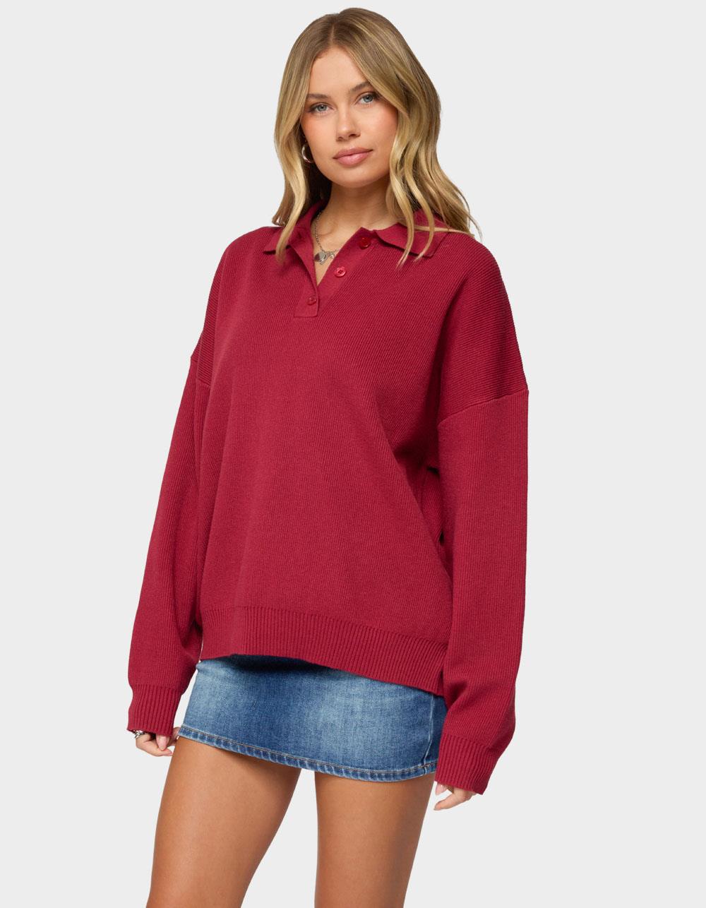 EDIKTED Lorie Oversized Knit Polo Sweater - RED