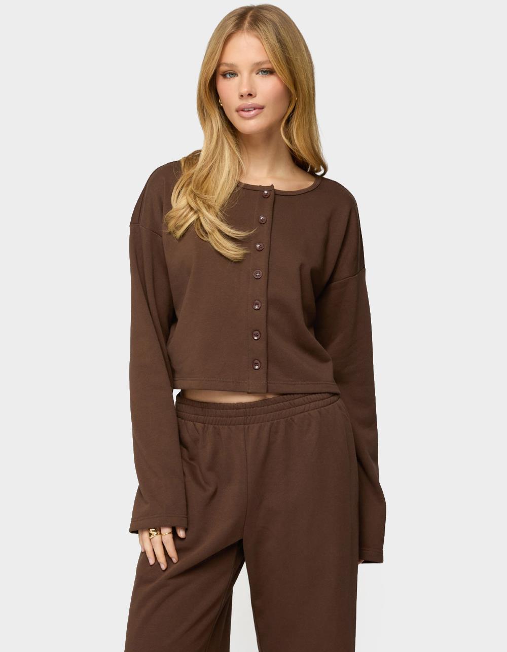 EDIKTED Binah Oversized French Terry Button Up Sweatshirt - DARK BROWN