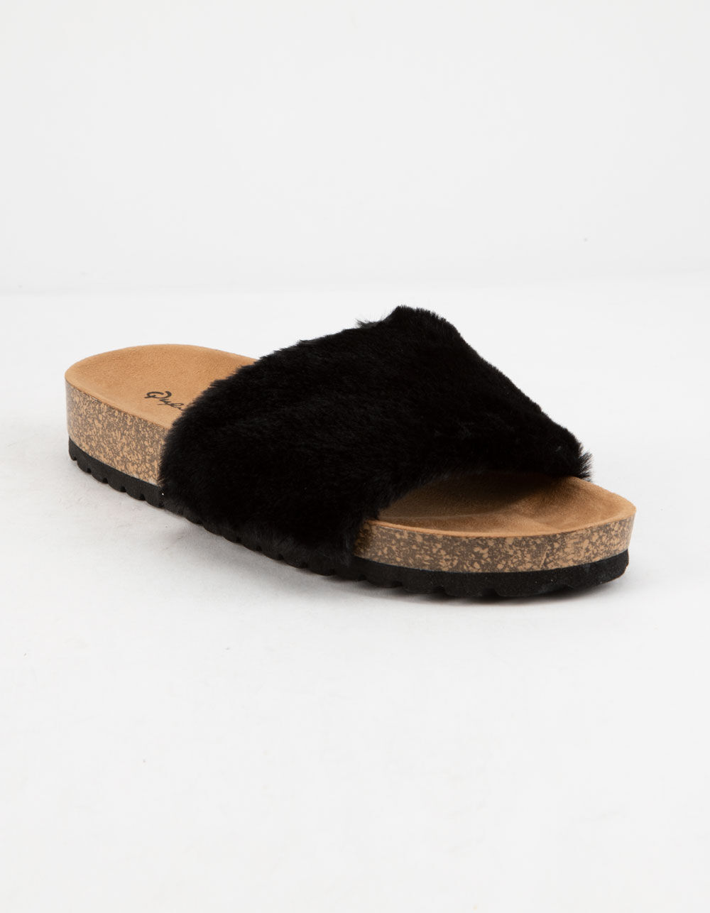 QUPID Faux Fur Cork Black Womens Slide Sandals image number 0