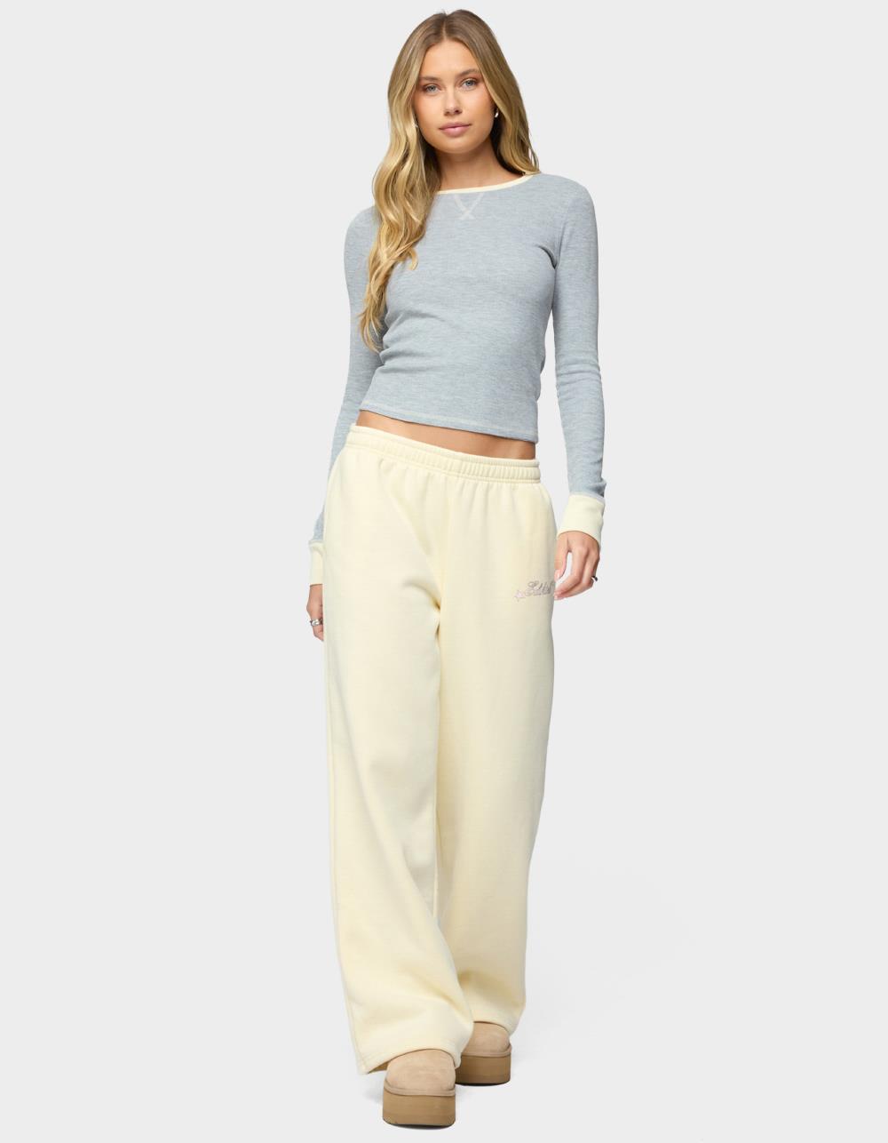 EDIKTED Rora Contrast Long Sleeve Waffle Top - GRAY