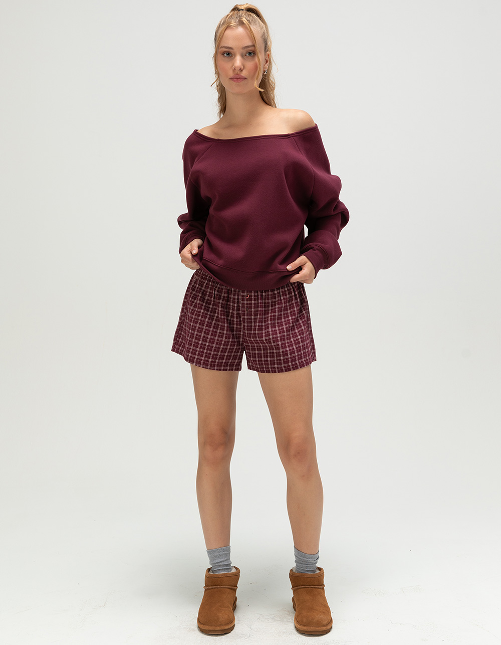TILLYS Off The Shoulder Womens Sweatshirt - FIG