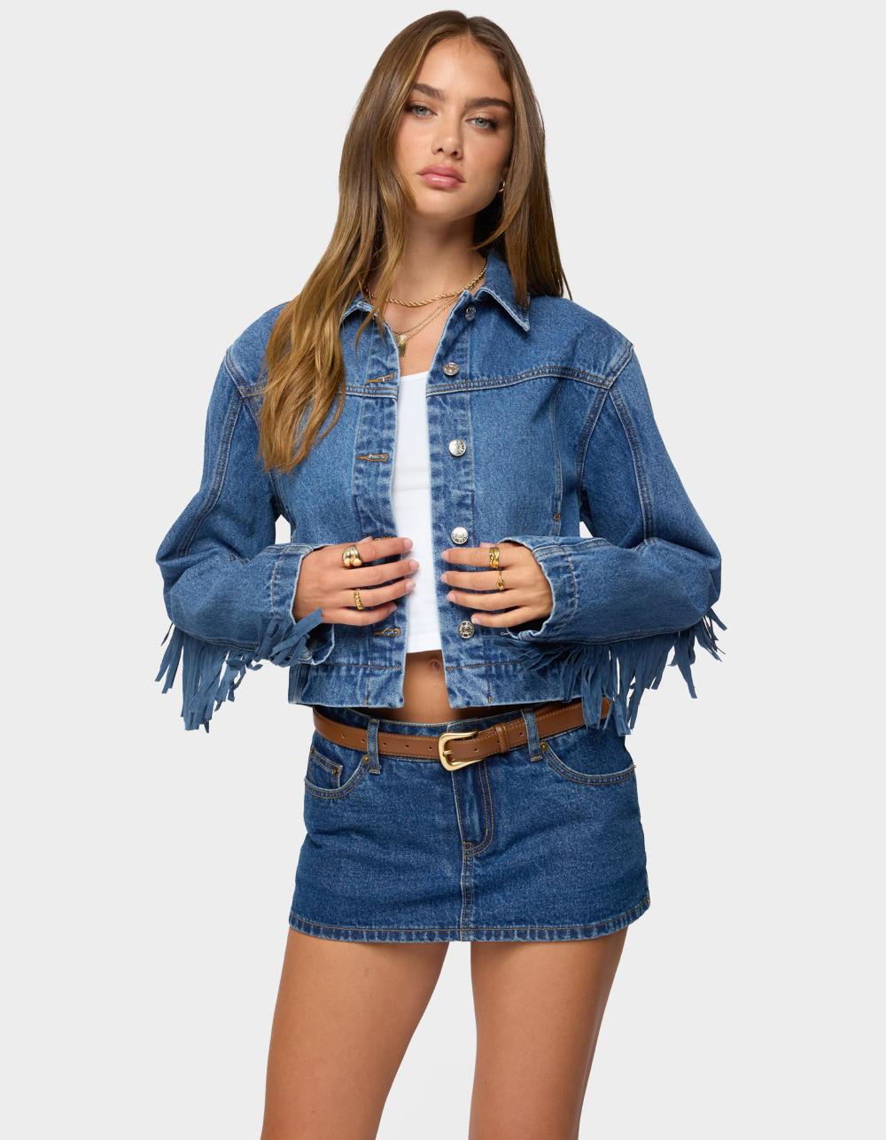 EDIKTED Maurice Fringed Denim Jacket - LIGHT BLUE