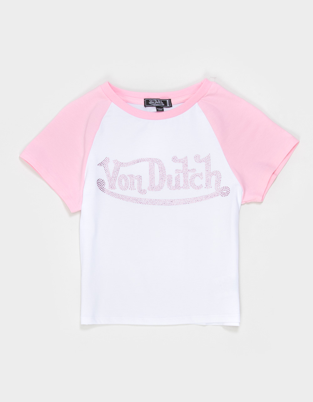 VON DUTCH Rhinestone Girls Raglan Tee - WHT/PNK