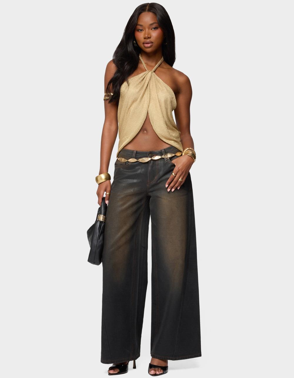 EDIKTED Stasia Sparkly Knit Split Front Top - GOLD