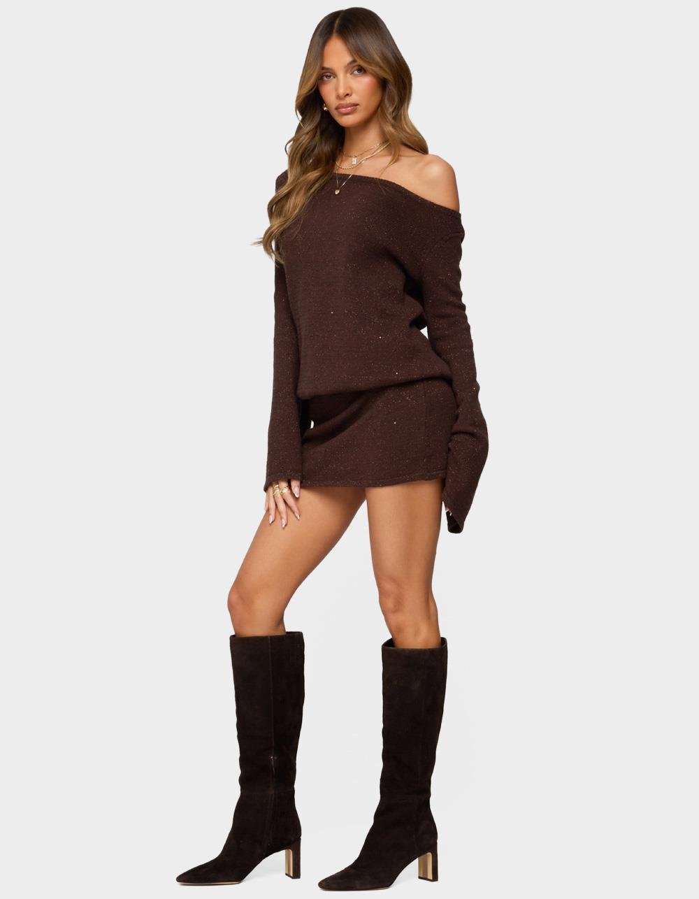 EDIKTED Off Shoulder Sequin Knit Mini Dress - BROWN
