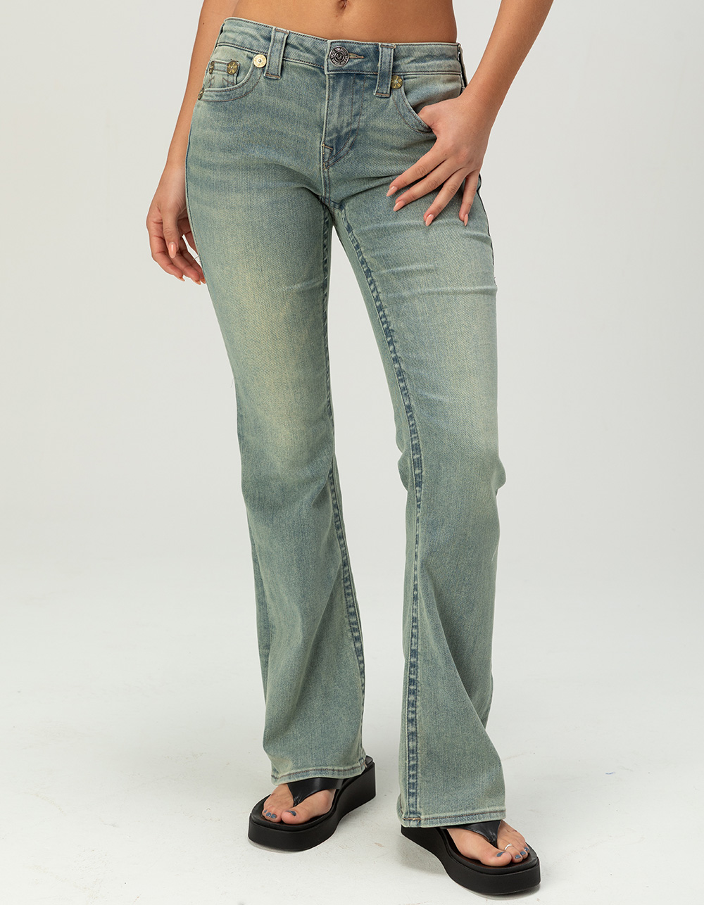 TRUE RELIGION Becca Womens Mid Rise Arched Logo Bootcut Jeans - TINTED DENIM