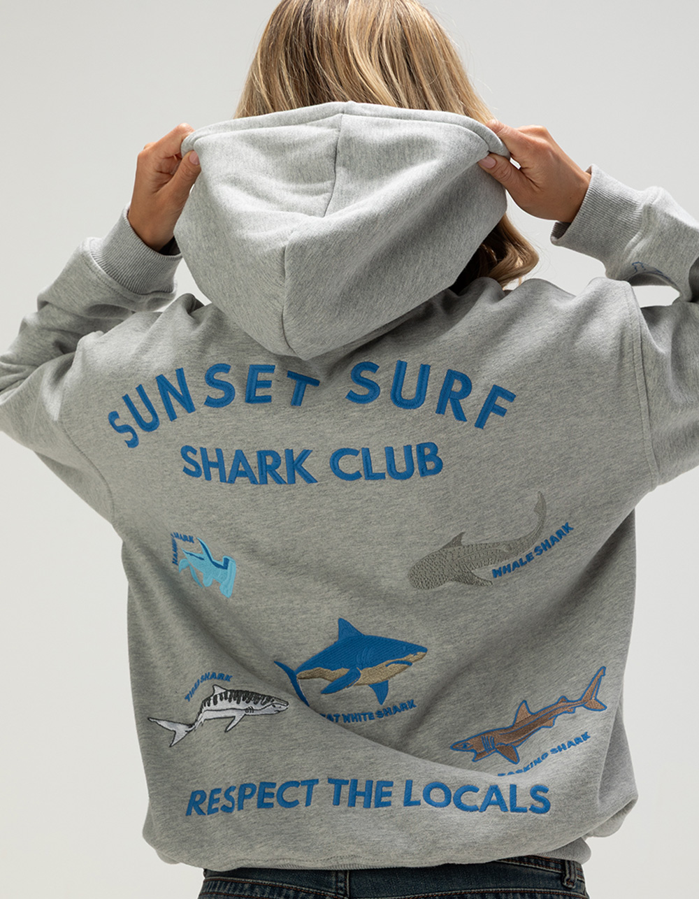 SUNSET SURF Shark Club Womens Hoodie - HEATHER GRAY