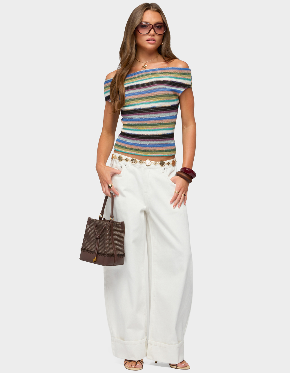 EDIKTED Irenea Striped Knit Off Shoulder Top - BLACK