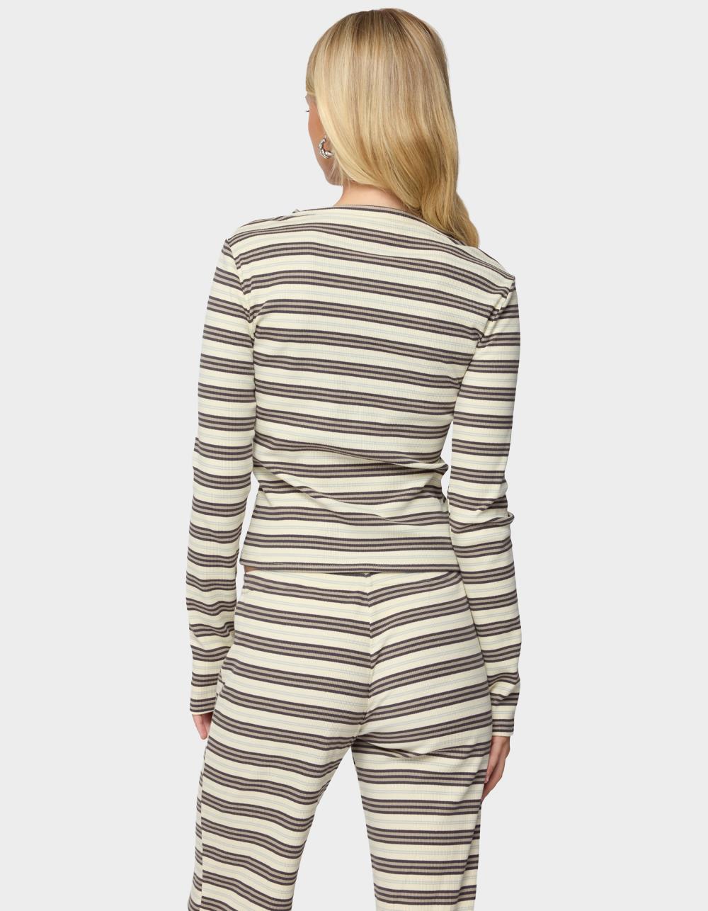 EDIKTED Avalie Striped Ribbed Long Sleeve Tee - BLACK