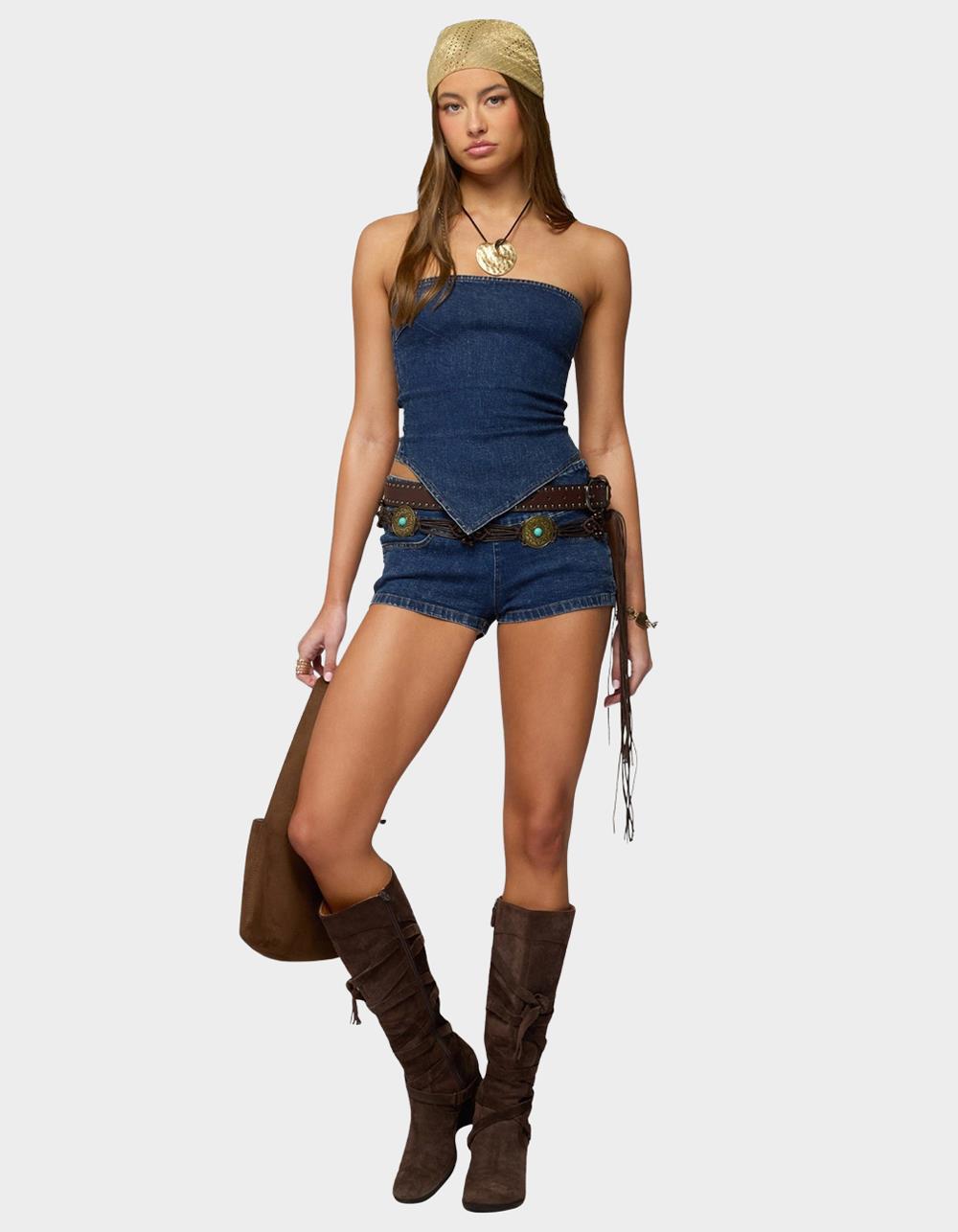 EDIKTED Zaida Asymmetric Denim Strapless Top - BLUE