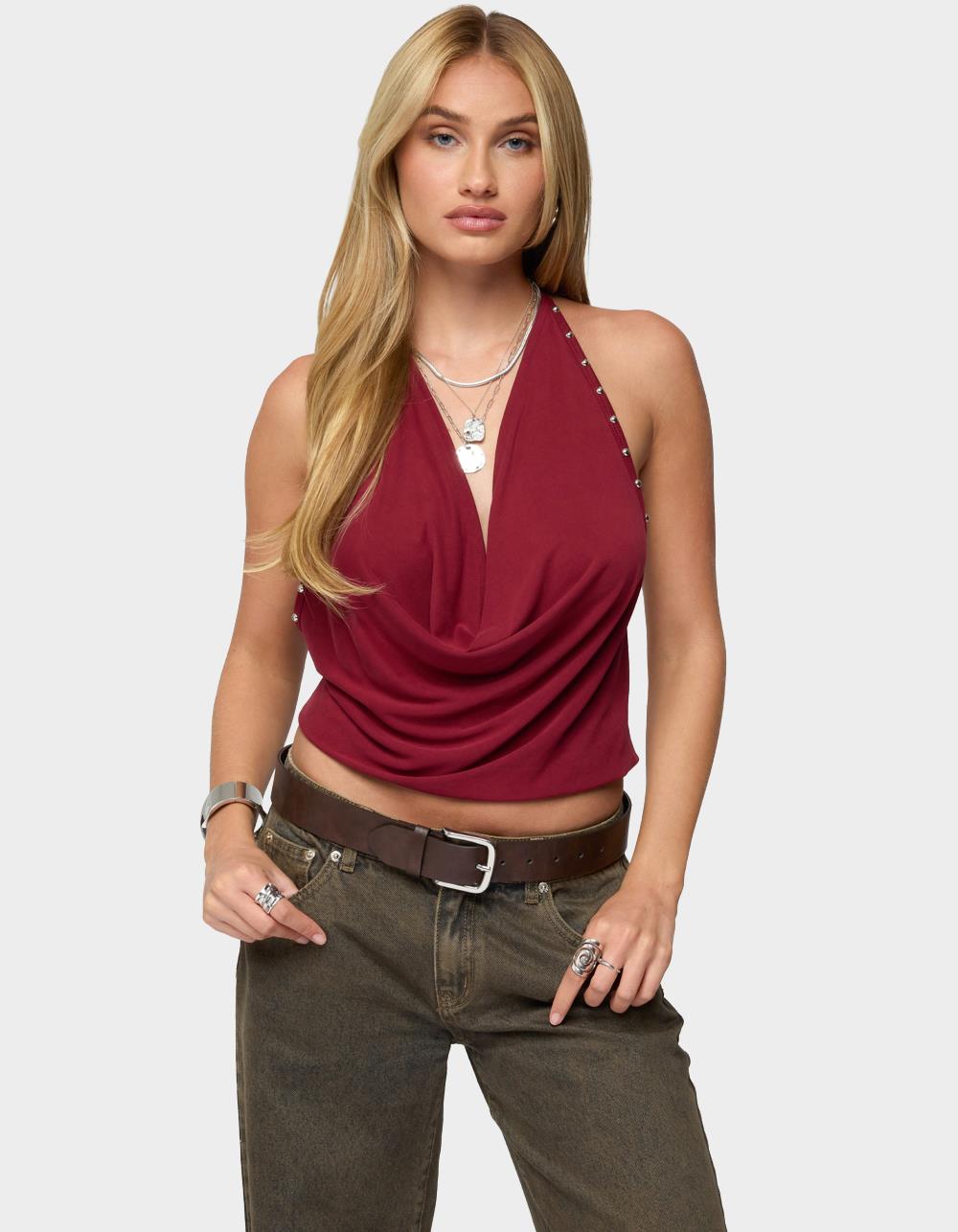 EDIKTED Irina Stud Cowl Neck Halter Top - DK RED