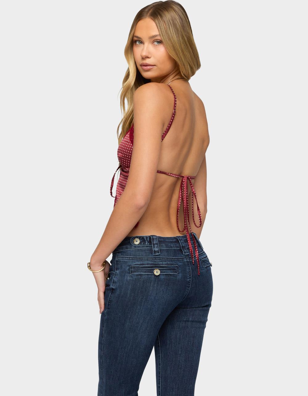 EDIKTED Backless Satin Effect Polka Dot Top - DK RED