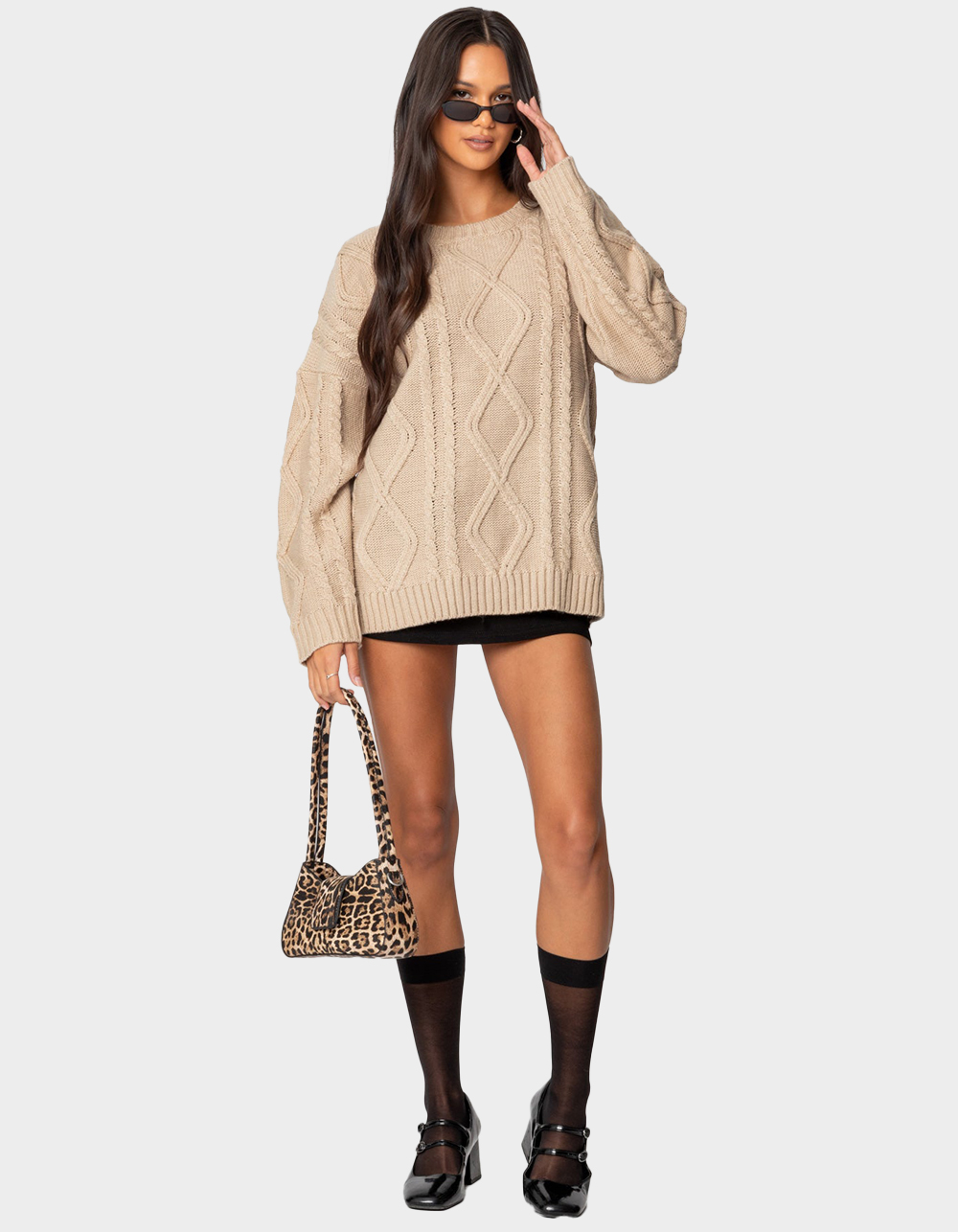 EDIKTED Kennedy Oversized Cable Knit Sweater - BEIGE