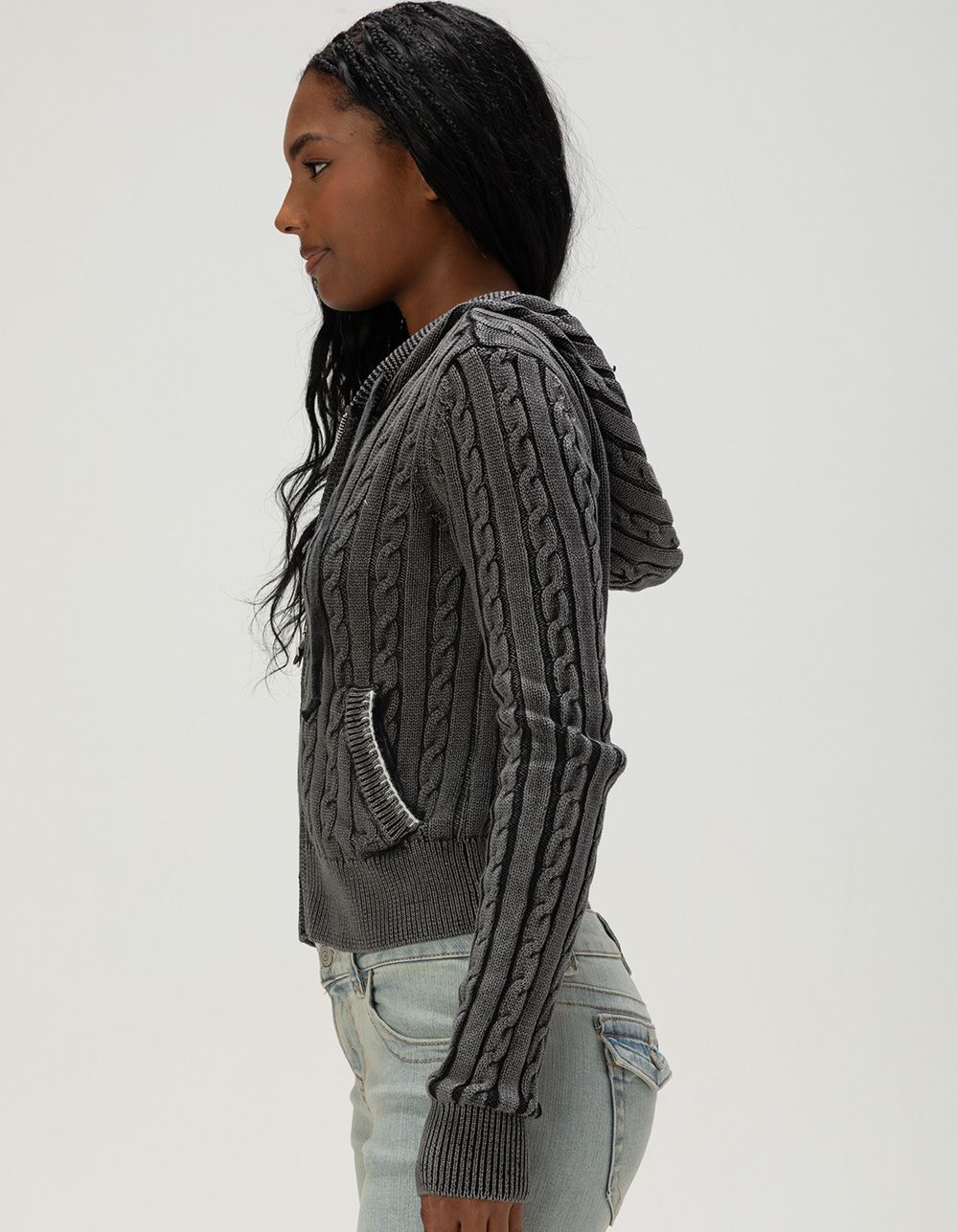 FULL TILT Womens WASHED Zip-Up Cable Knit Hoodie - BLACK