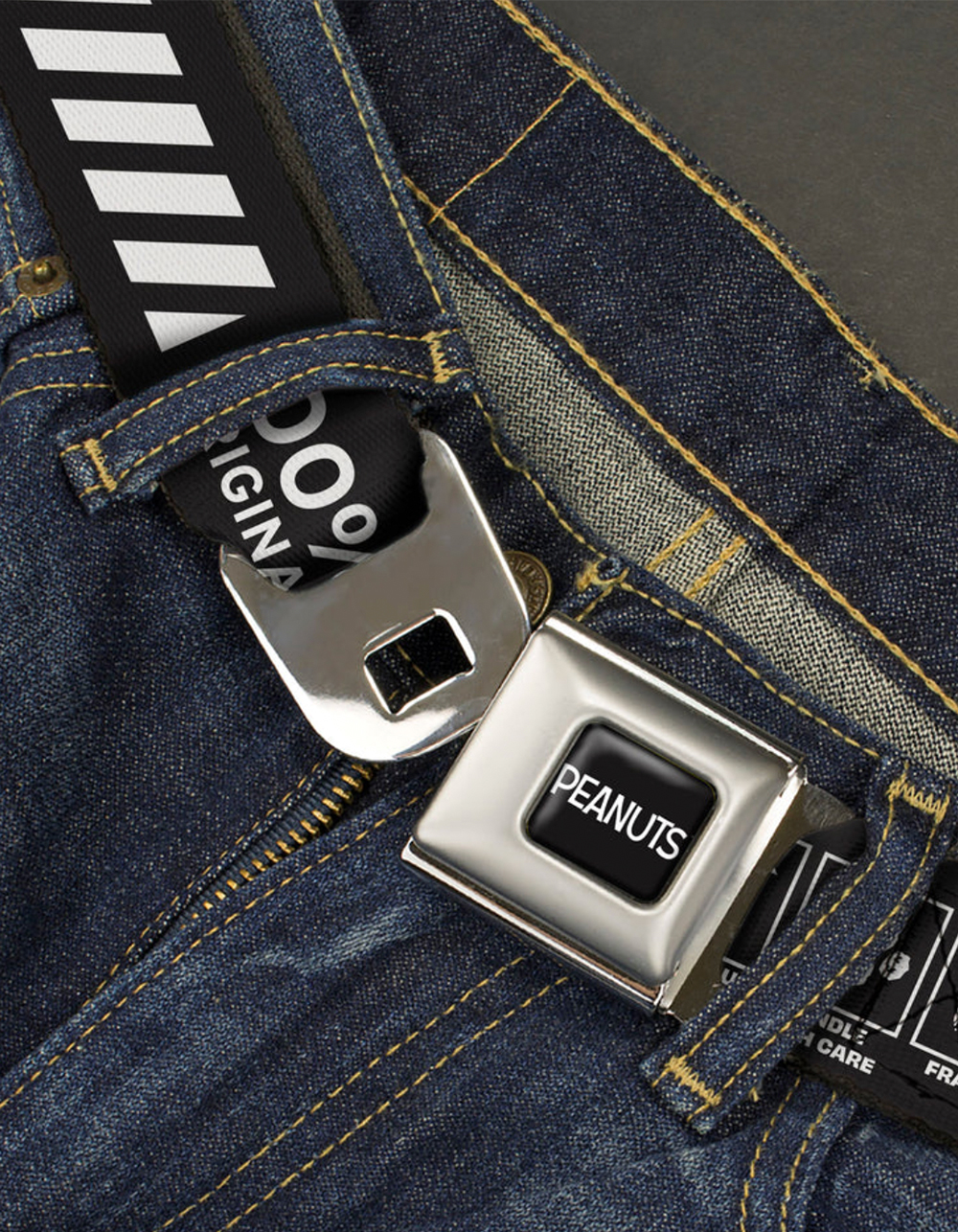 BUCKLE-DOWN Peanuts Snoopy Care Symbols Seatbelt Belt - BLACK COMBO