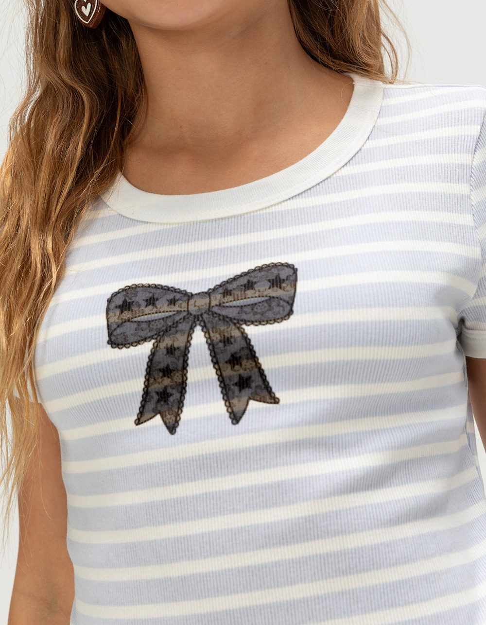 FULL TILT Stripe Bow Girls Ringer Tee - BLUE COMBO