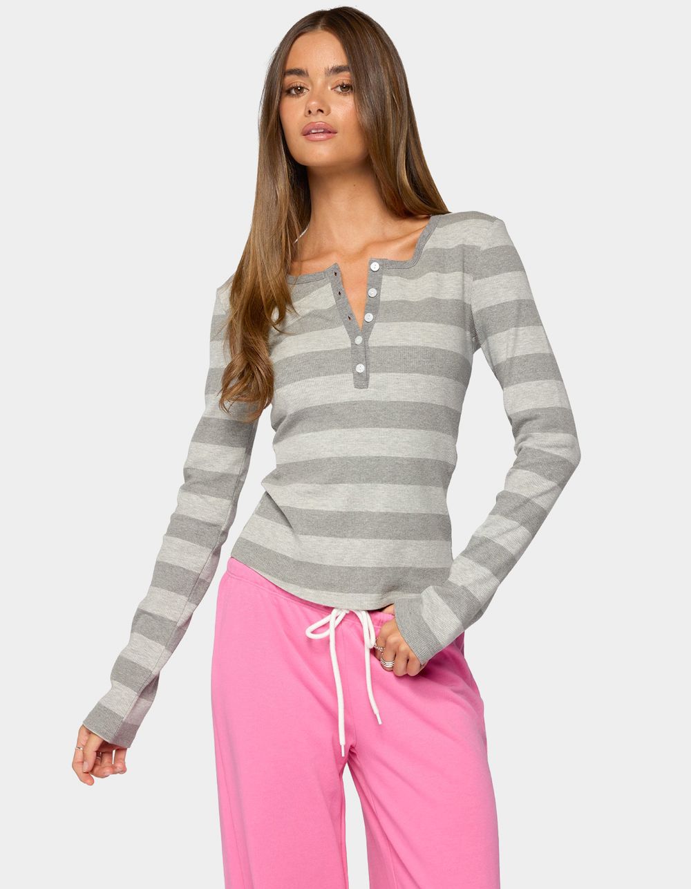 EDIKTED Dea Striped Long Sleeve Henley Tee - GRAY
