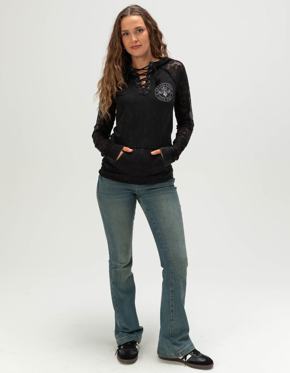 AFFLICTION Simulation Womens Lace Up Hoodie - BLACK