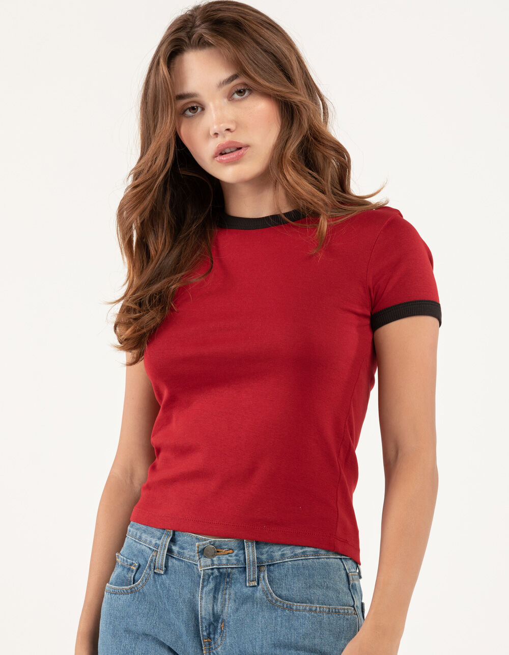 RSQ Solid Womens Ringer Tee BURGUNDY Tillys