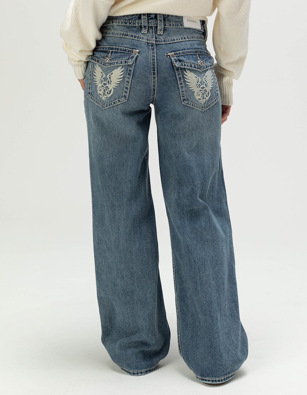 RSQ Womens Low Rise Heart Locket Baggy Jeans - MEDIUM WASH