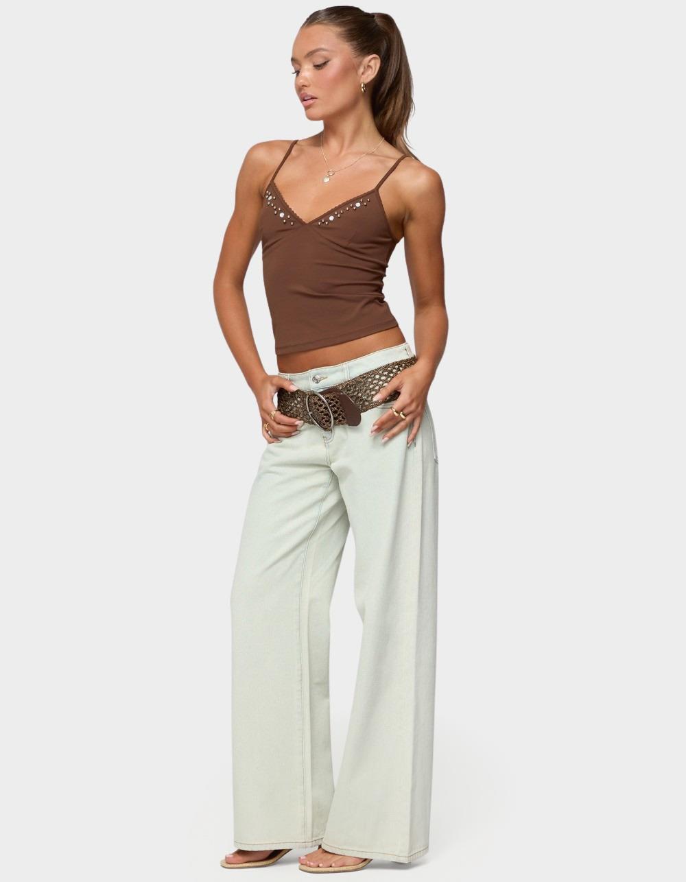 EDIKTED Holland Bead V-Neck Tank Top - BROWN