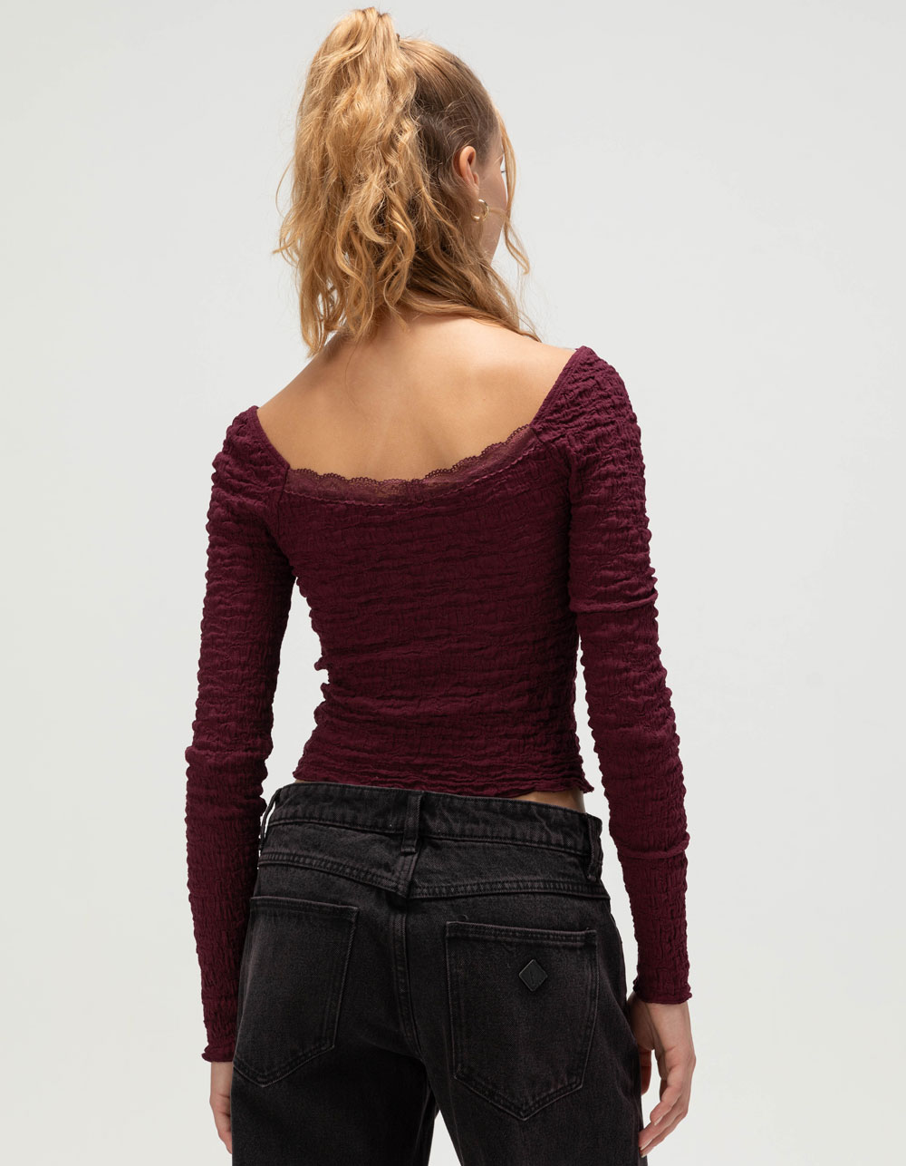 WEST OF MELROSE Womens Lace Trim Top - BURGUNDY